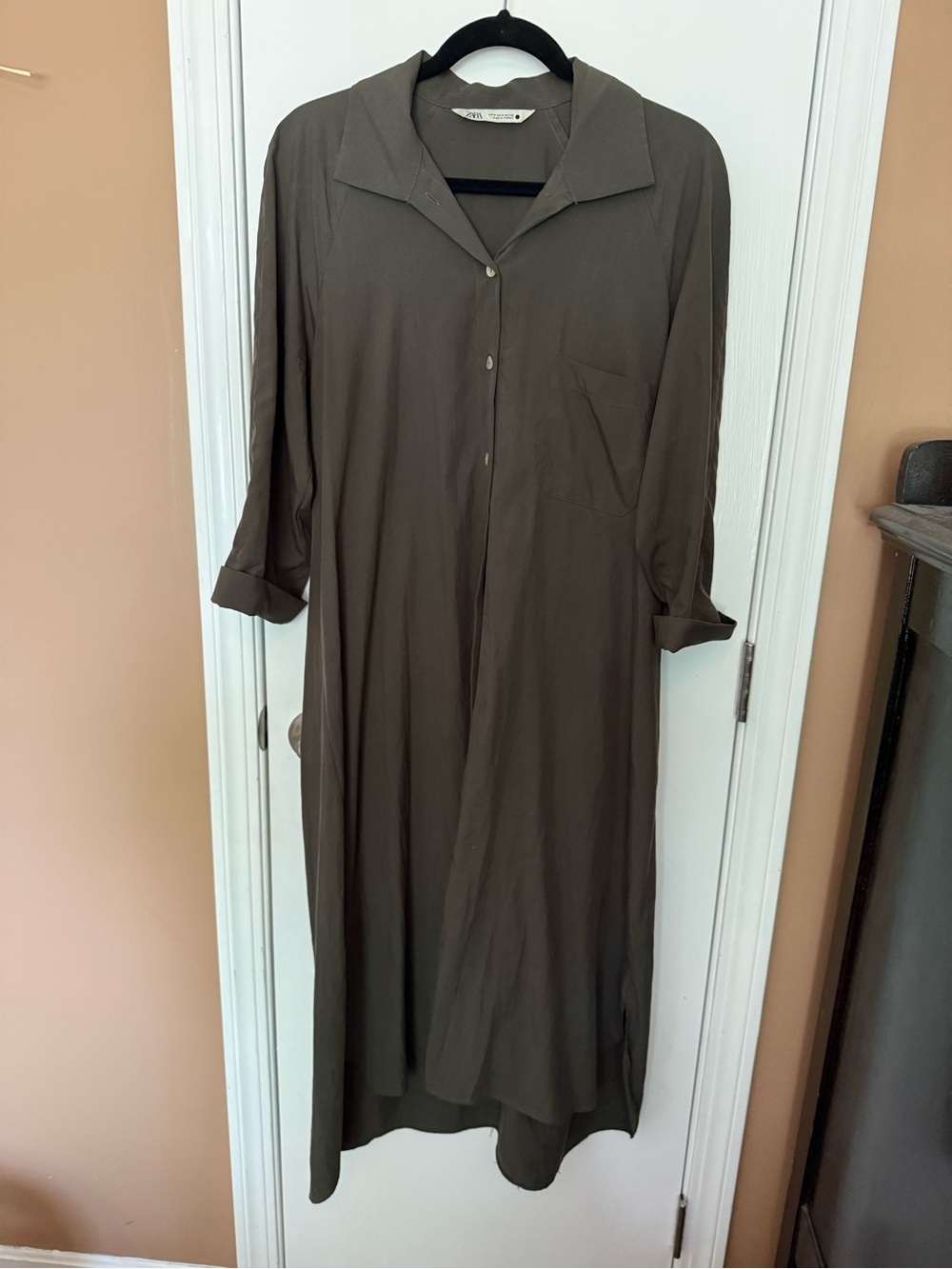 Zara Relaxed Collared Shirt Dress in Olive
